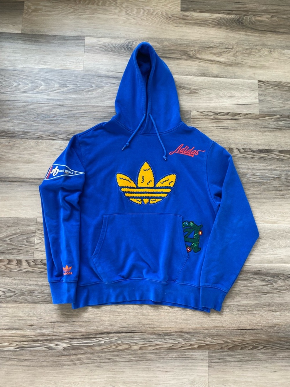 adidas Blue Hoodie with Yellow Trefoil & Red Script